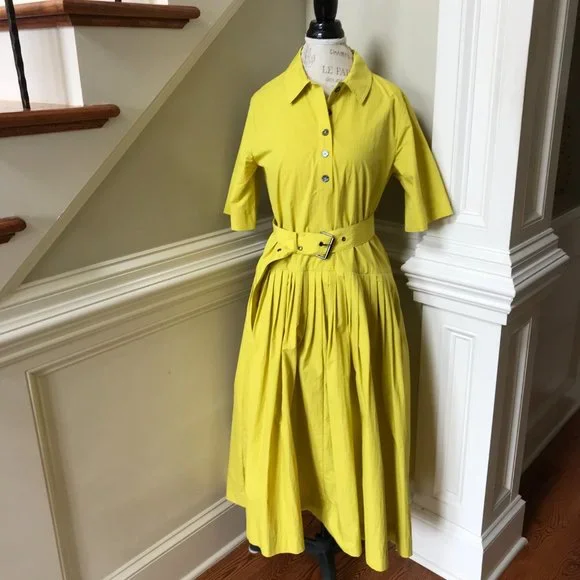 CO Half Placket Belted Shirt Dress Womens Medium Citron Yellow Short Sleeve Midi